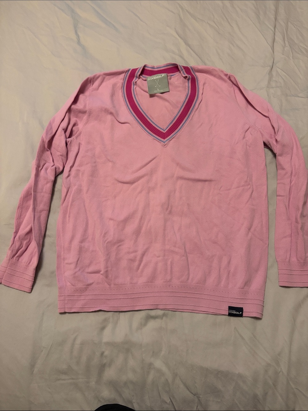 Skechers Pink V-Neck Sweater with Striped Contrast Trim